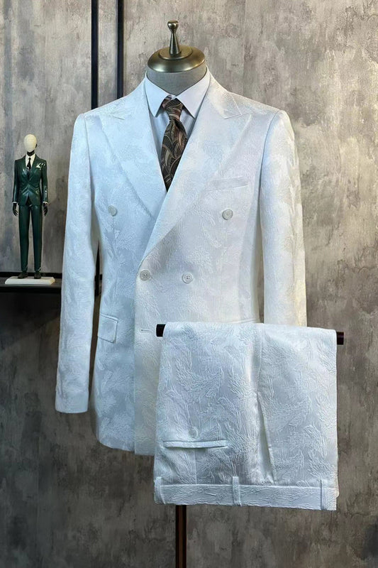 Costumes 2 Pièces Jacquard à Revers Pointus Blanc pour Hommes