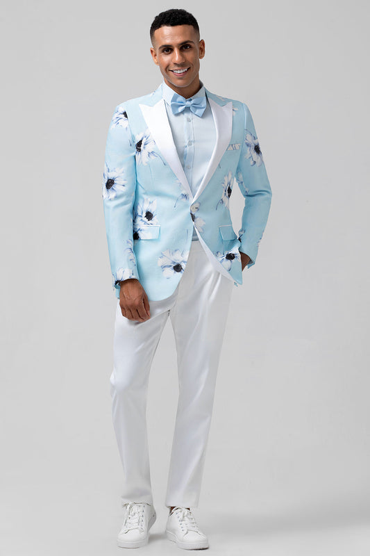 Costumes de bal pour hommes deux pièces fleuris bleu clair avec revers à cran et un bouton