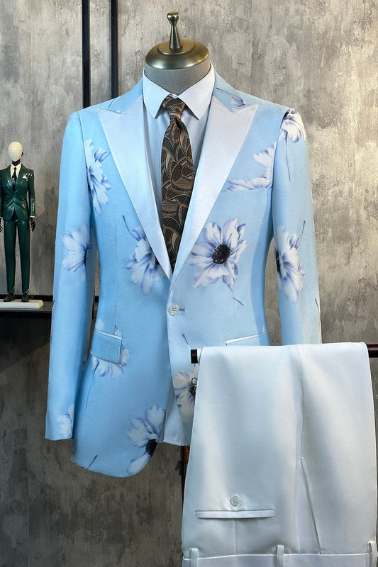 Costume deux pièces bleu clair floral à revers en pointe pour homme