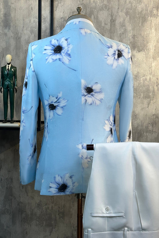 Costume deux pièces bleu clair floral à revers en pointe pour homme