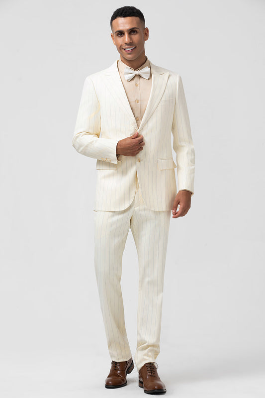 Costumes Hommes 2 Pièces à Rayures avec Revers Pointe Crème et simple boutonnage