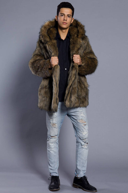 Manteau long en fausse fourrure marron pour homme, col à revers, ouvert sur le devant
