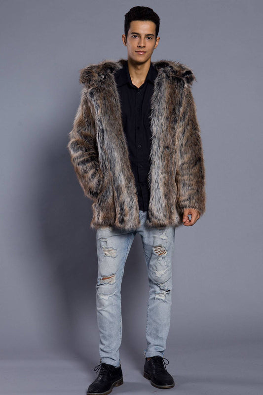 Manteau long en fausse fourrure marron pour homme, col à revers, ouvert sur le devant