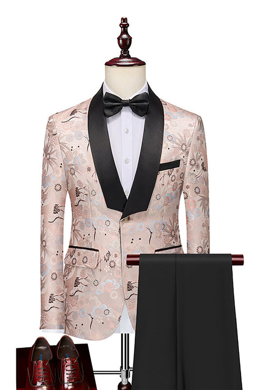 Costume de bal deux pièces homme en jacquard kaki clair à revers châle