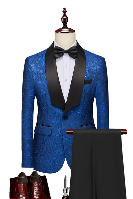 Costume Homme 2 Pièces en Jacquard Revers Cranté Bleu Roi