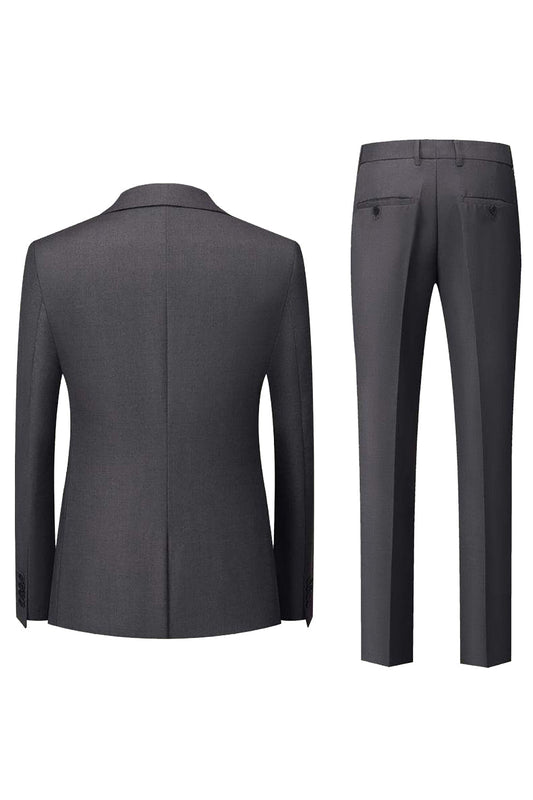Costume 3 pièces homme noir et gris, revers à pointe, un bouton