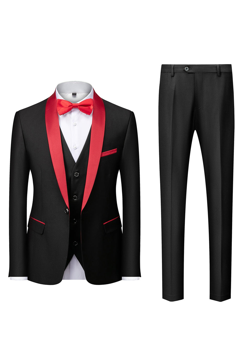 Costume homme 3 pièces à revers châle noir manches longues