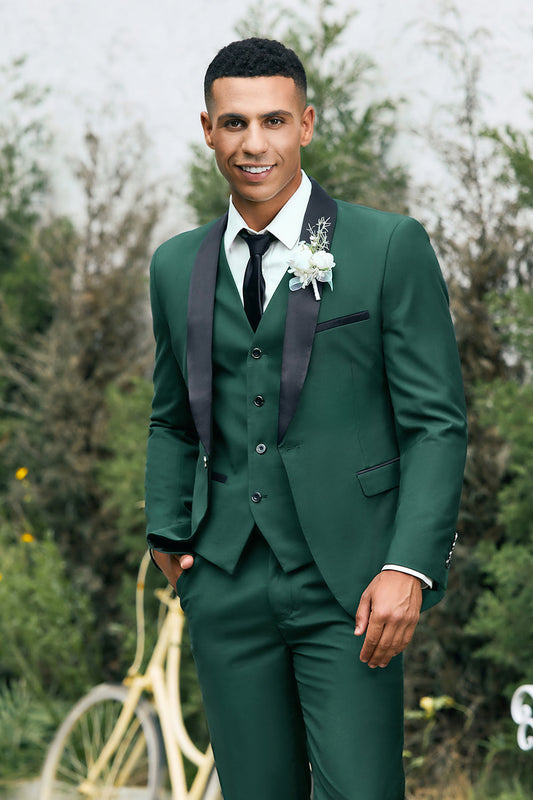 Costumes Homme 3 Pièces Vert Foncé Revers Châle Coupe Slim