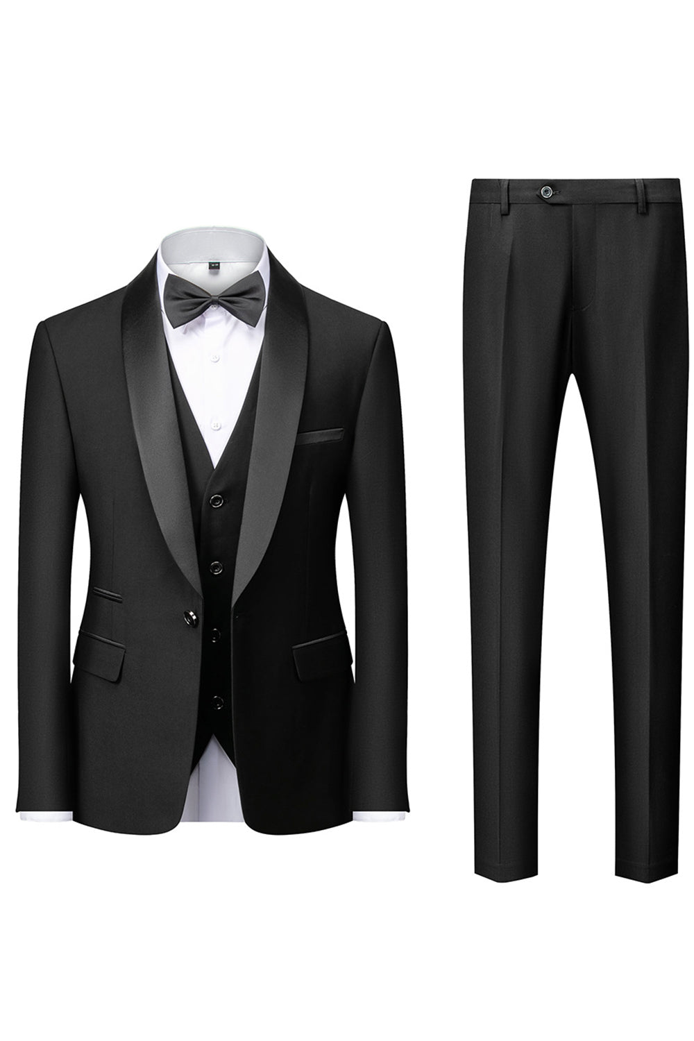 Costume homme 3 pièces à revers châle noir manches longues