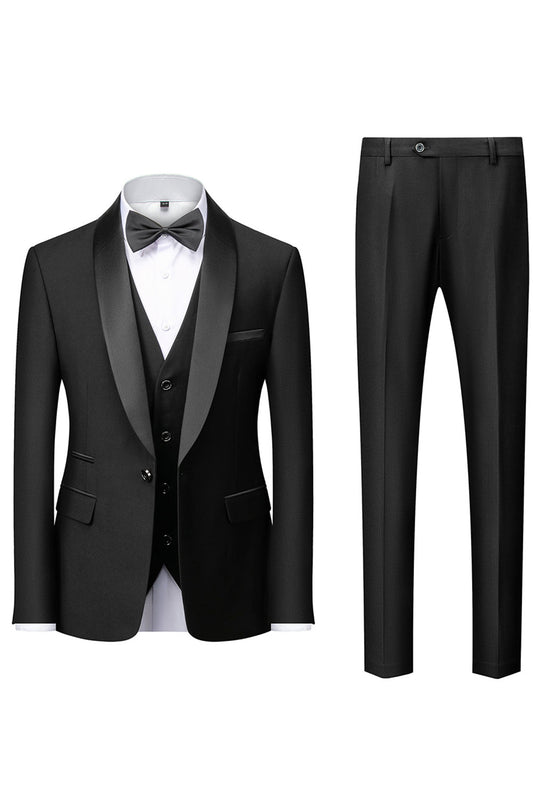 Costume homme 3 pièces à revers châle noir manches longues