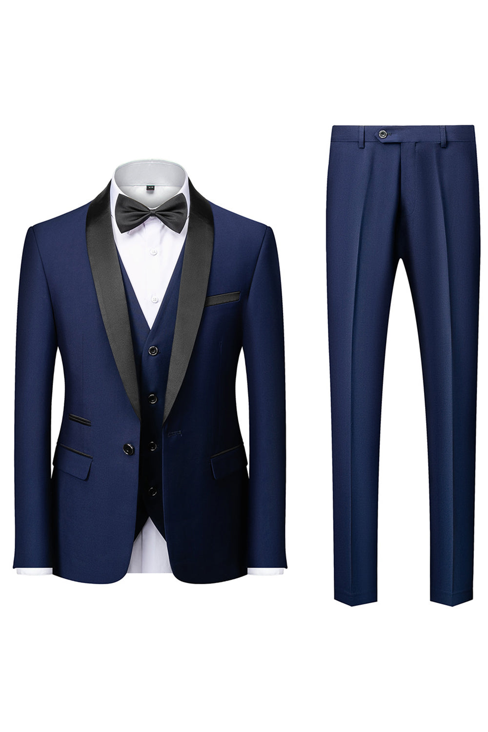 Costume homme 3 pièces à revers châle noir manches longues