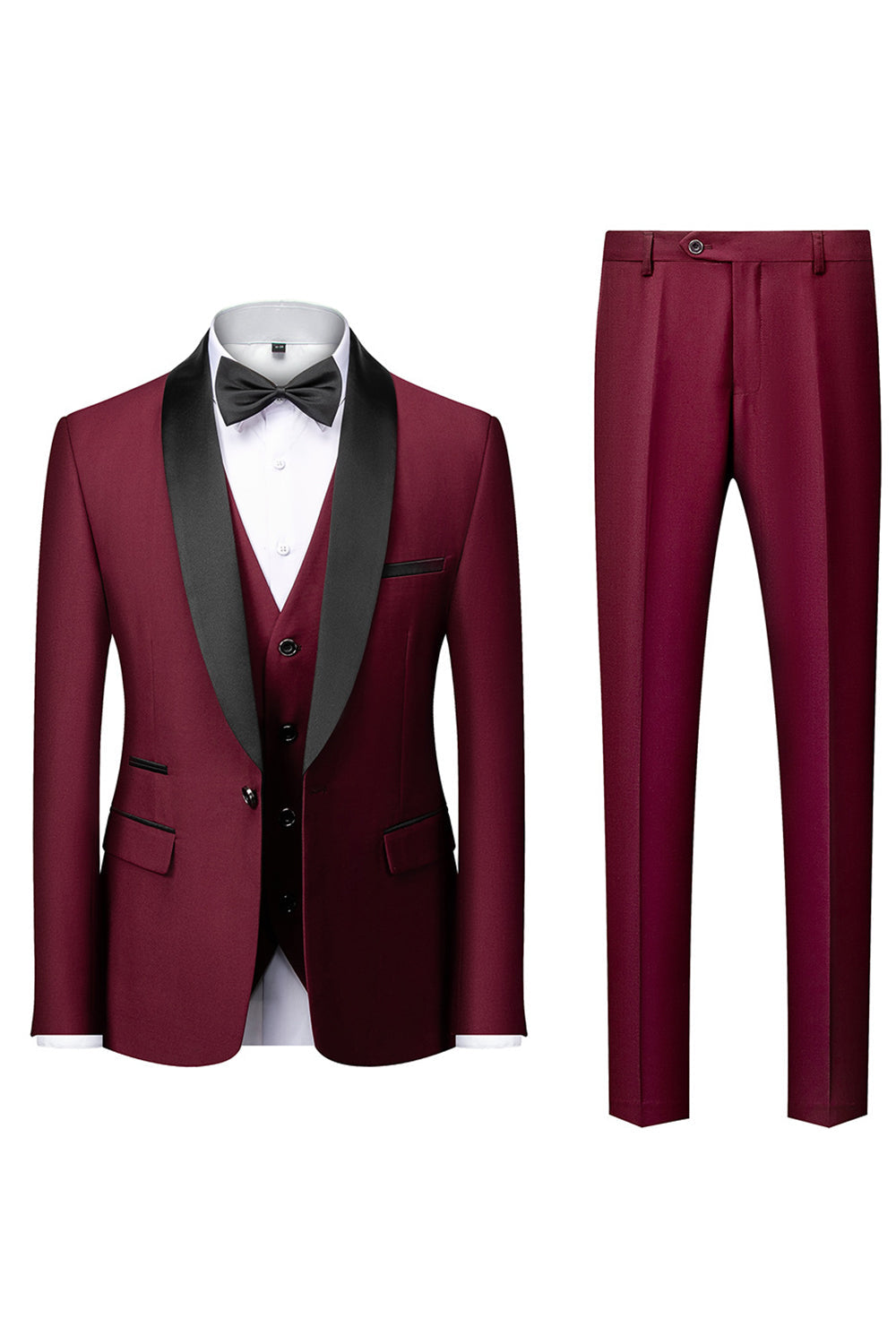 Costume homme 3 pièces à revers châle noir manches longues