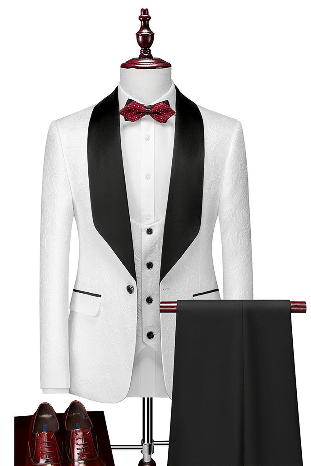 Costume trois pièces blanc à revers châle pour homme