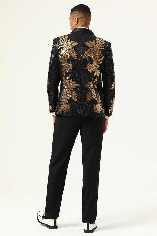 Costume 2 pièces noir et or avec sequins jacquard pour homme