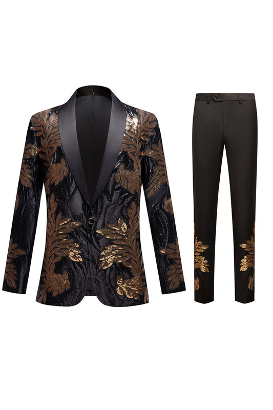 Black and Gold Jacquard Sequin Men's 2 Piece Prom Suit