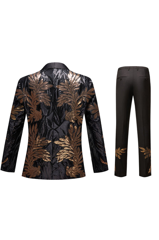 Black and Gold Jacquard Sequin Men's 2 Piece Prom Suit