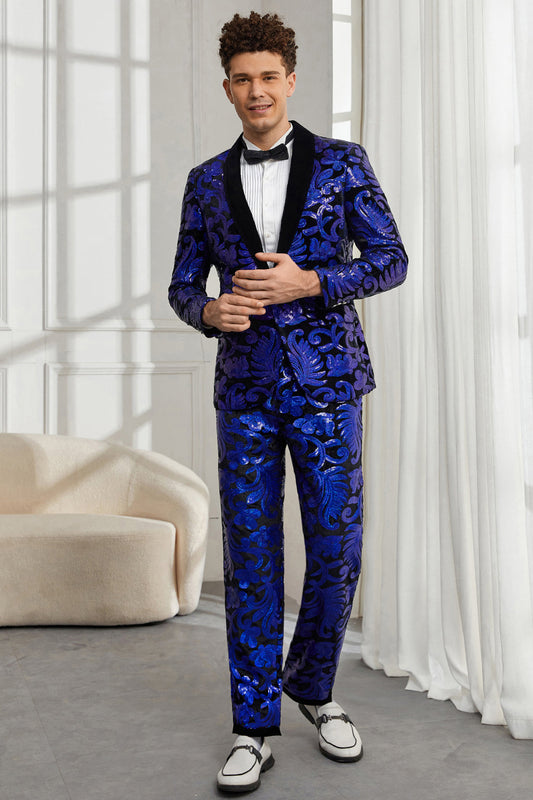 Costume 2 pièces pour homme à revers châle, un bouton, bleu roi, à sequins