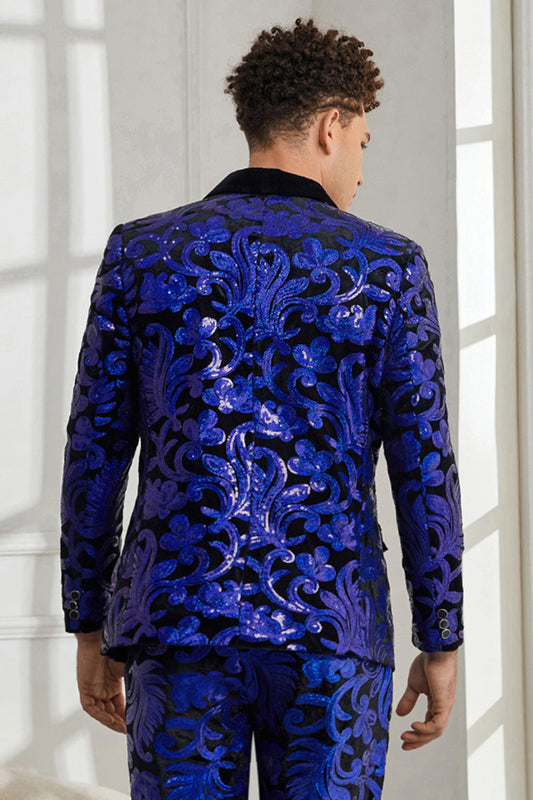 Costume 2 pièces pour homme à revers châle, un bouton, bleu roi, à sequins