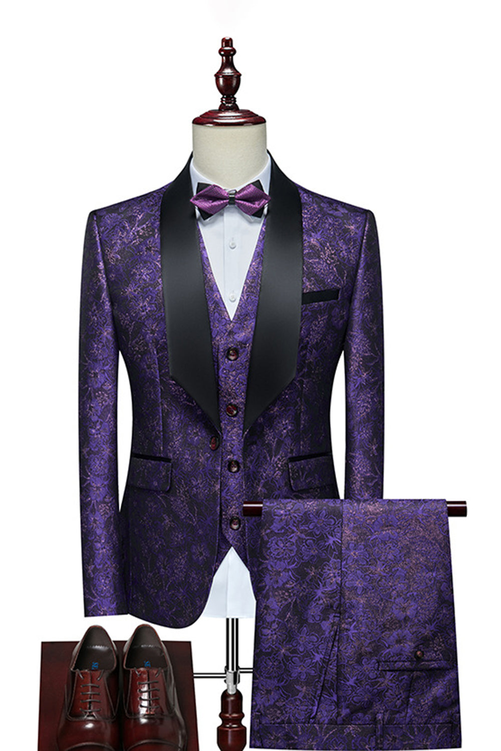 Costumes 3 pièces pour homme avec col châle jacquard blanc