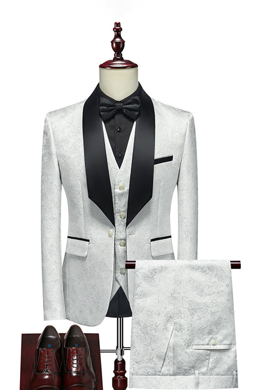 Costumes 3 pièces pour homme avec col châle jacquard blanc