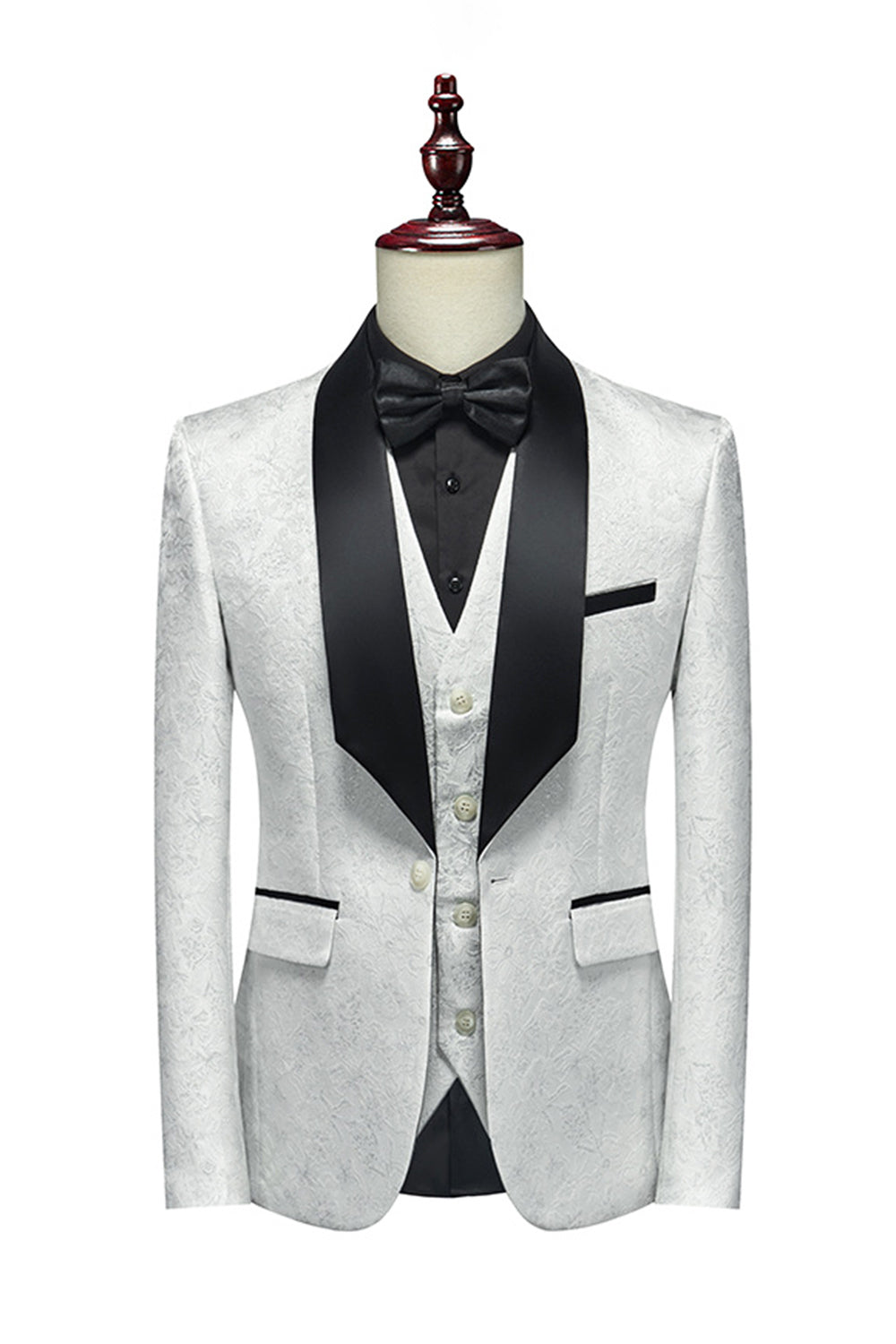 Costumes 3 pièces pour homme avec col châle jacquard blanc