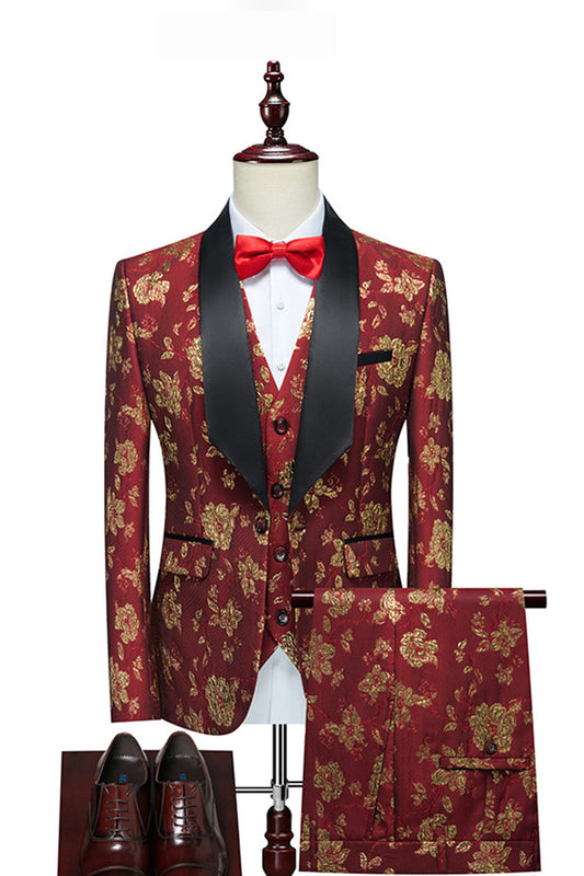 Costume Homme 3 Pièces Revers Châle Jacquard Rouge