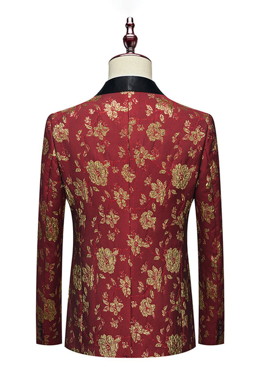 Costume Homme 3 Pièces Revers Châle Jacquard Rouge