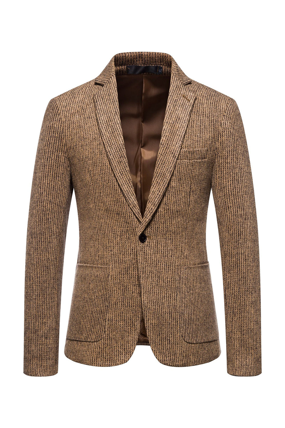 Blazer Homme Kaki en Tweed à Un Bouton et Revers Crantés