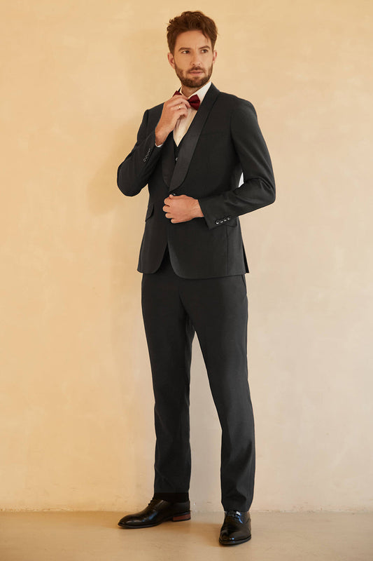 Costume trois pièces pour homme, simple boutonnage, revers châle noir