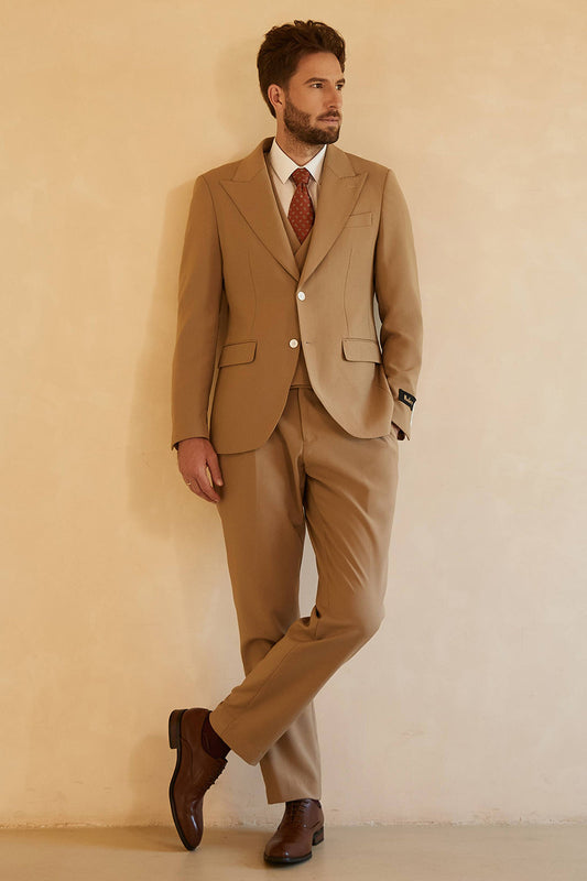 Costumes de mariage 3 pièces marron à revers pointus et boutonnage simple pour hommes