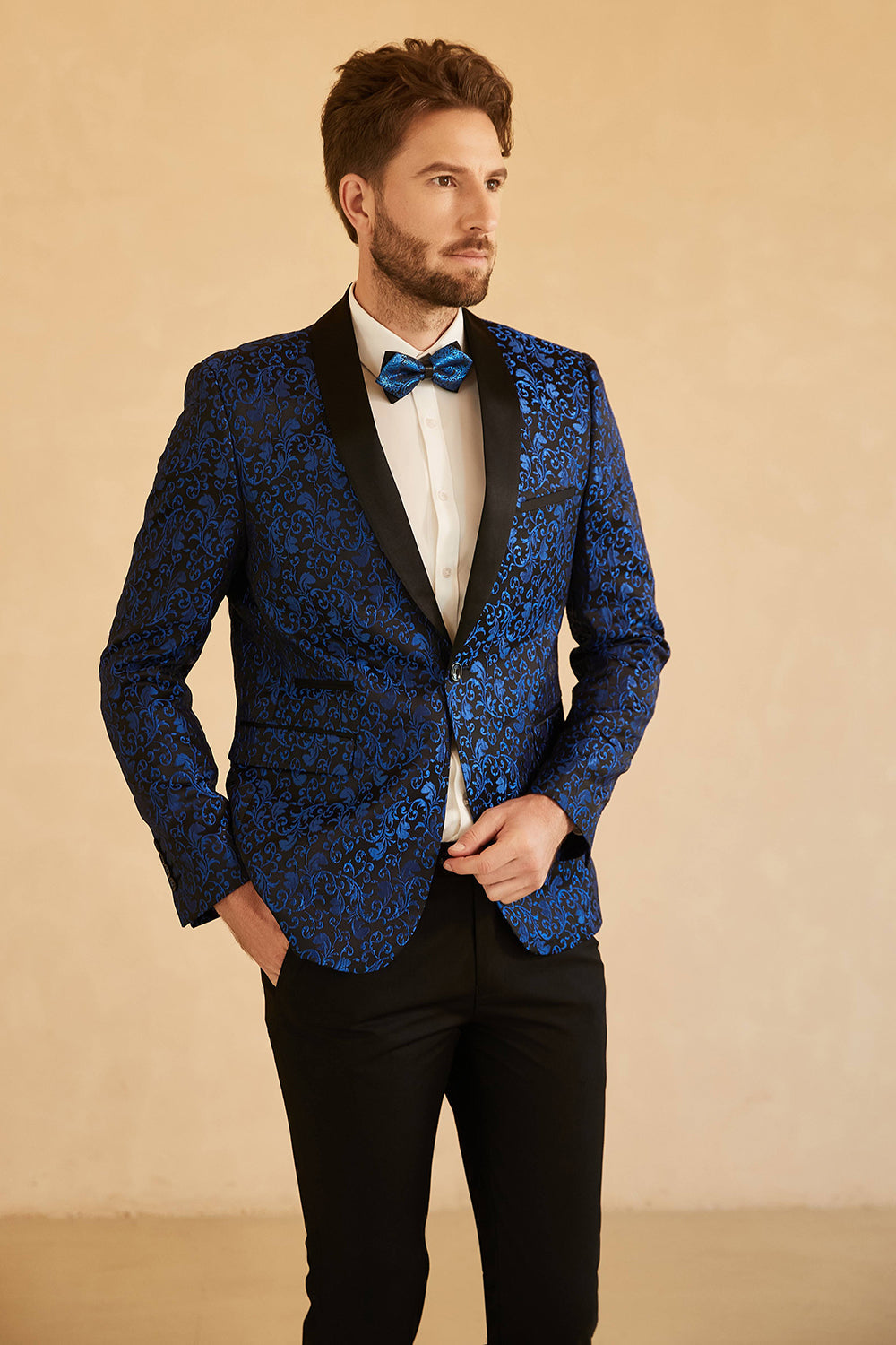 Blazer de bal pour homme avec revers châle bleu jacquard et un bouton