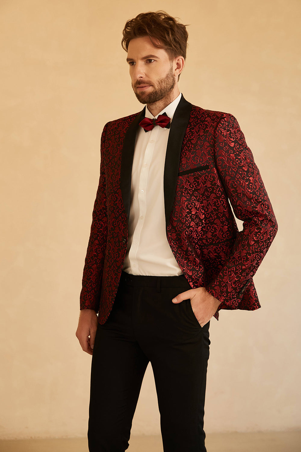 Blazer de bal pour homme avec revers châle bleu jacquard et un bouton