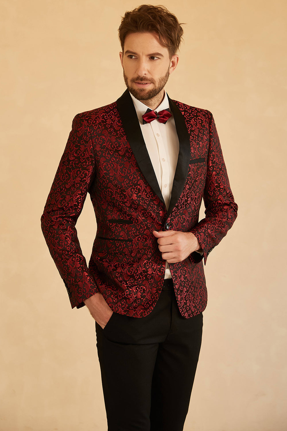 Blazer de bal pour homme avec revers châle bleu jacquard et un bouton