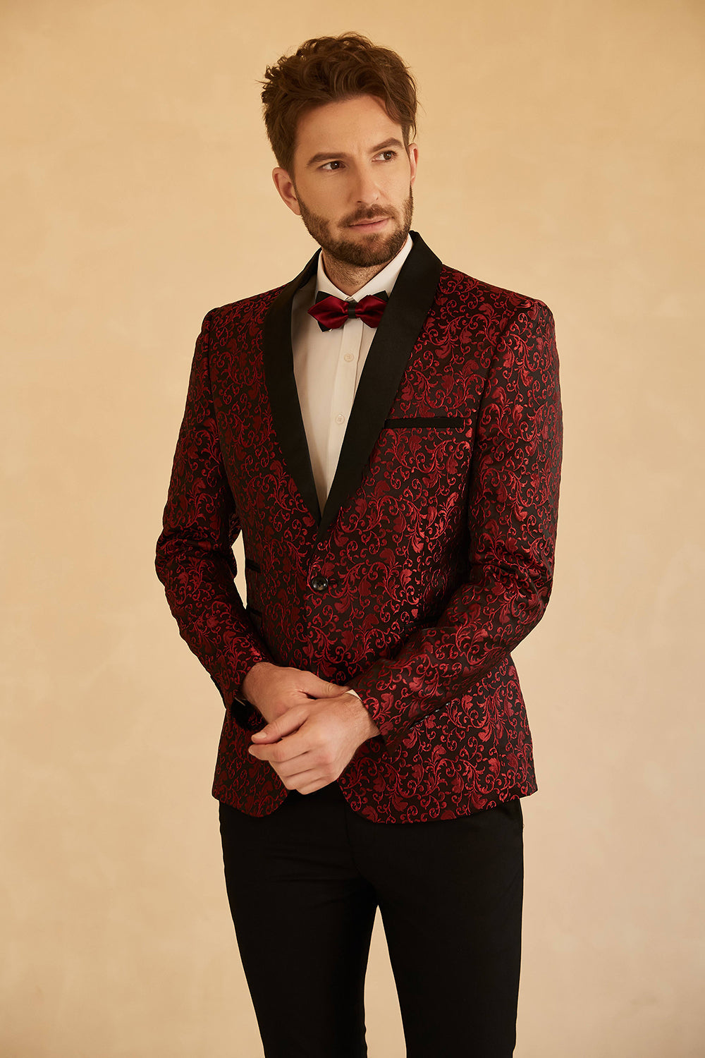 Blazer de bal pour homme avec revers châle bleu jacquard et un bouton