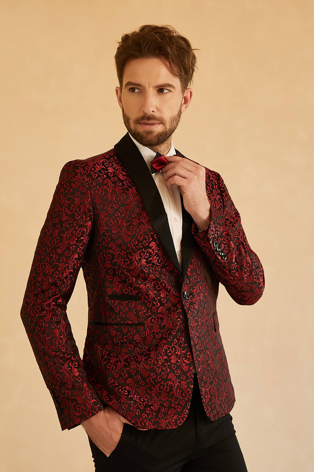 Blazer de bal pour homme avec revers châle bleu jacquard et un bouton