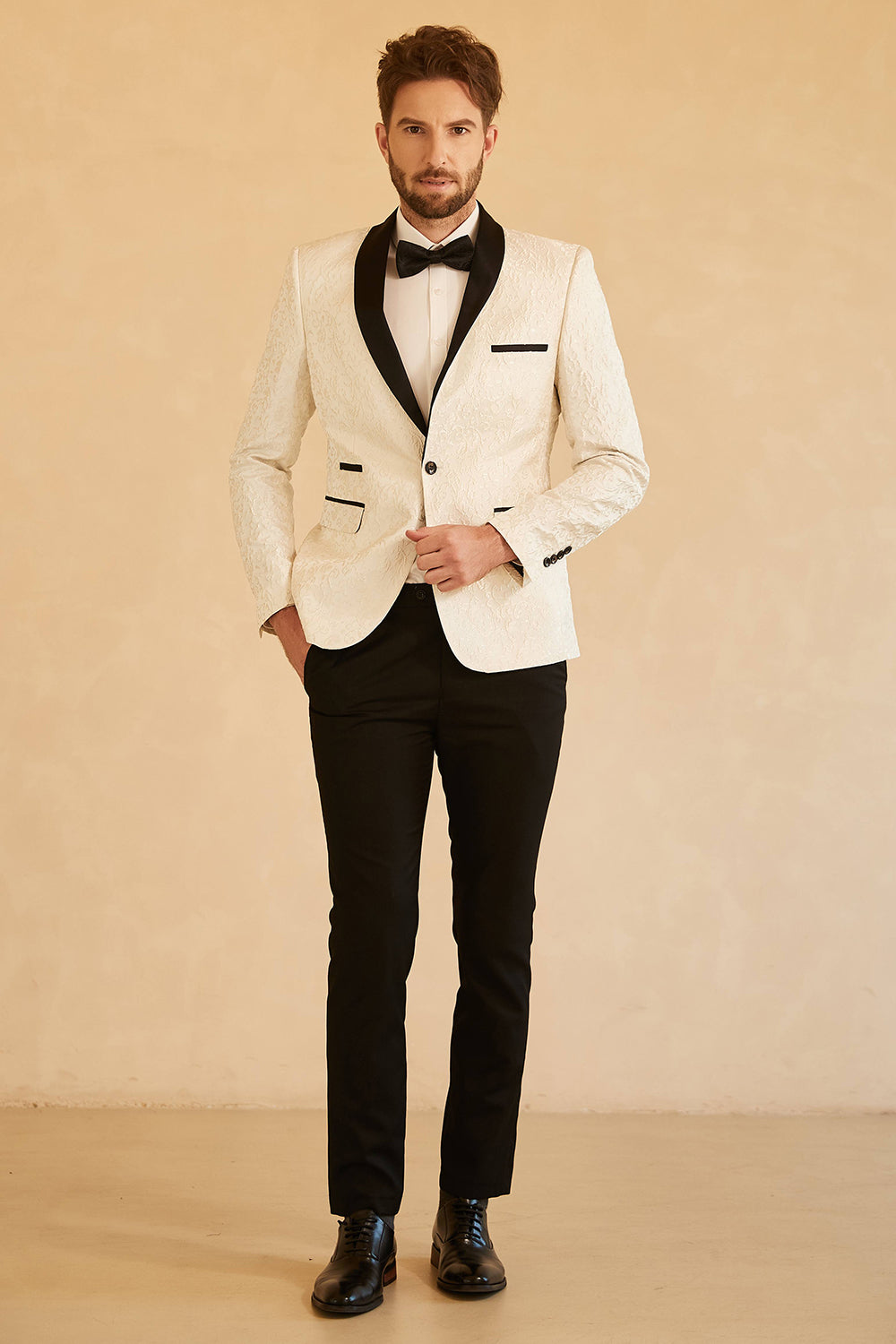 Blazer de bal pour homme avec revers châle bleu jacquard et un bouton