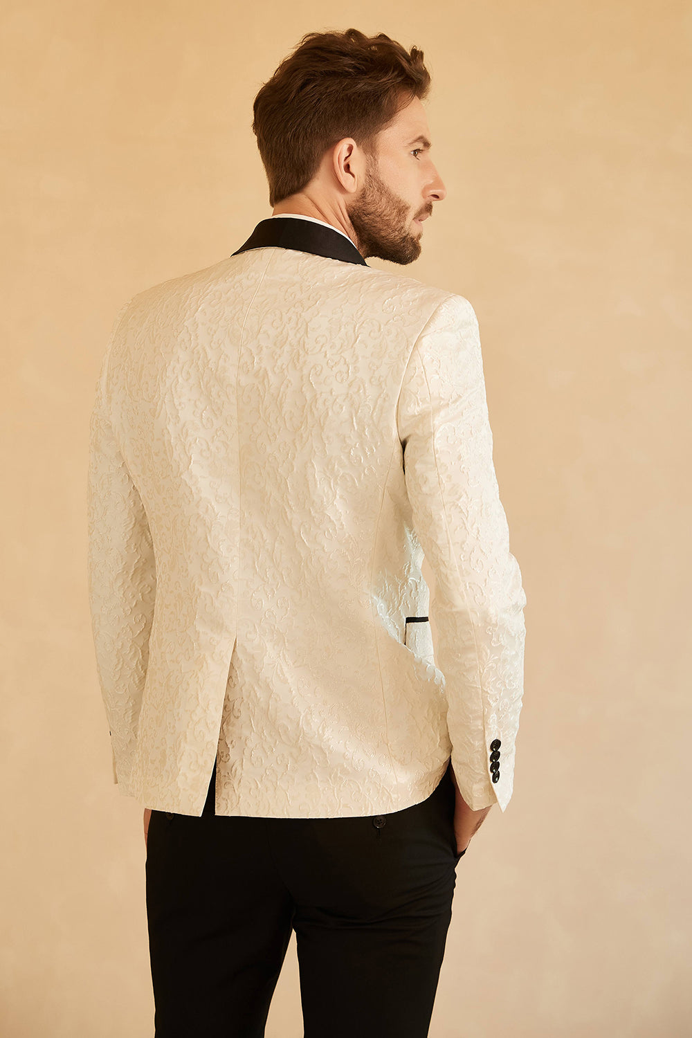 Blazer de bal pour homme avec revers châle bleu jacquard et un bouton