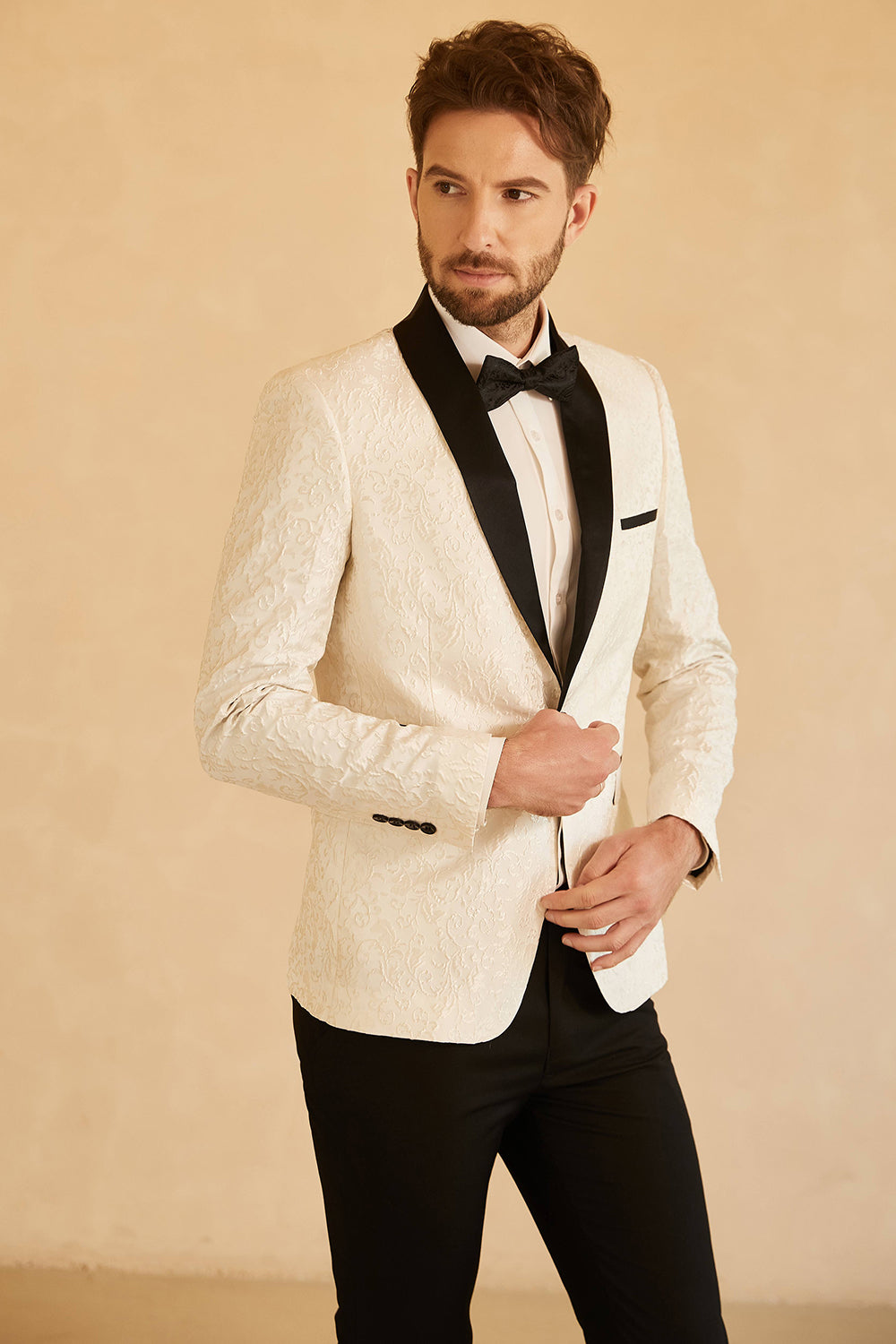 Blazer de bal pour homme avec revers châle bleu jacquard et un bouton