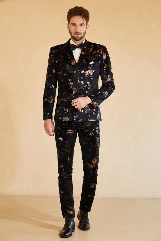 Costume 3 pièces croisé noir pour homme à revers crantés