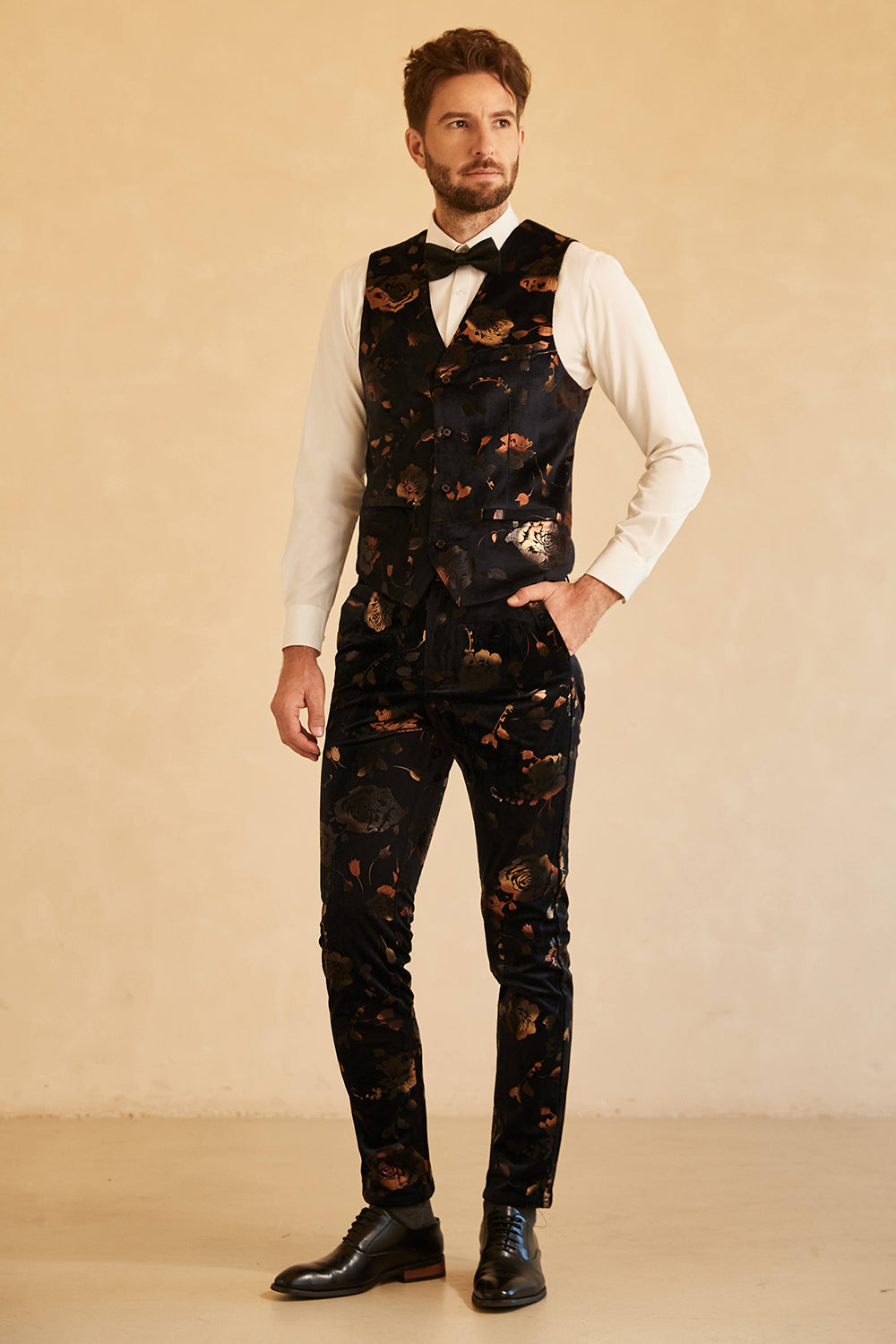 Costume 3 pièces croisé noir pour homme à revers crantés