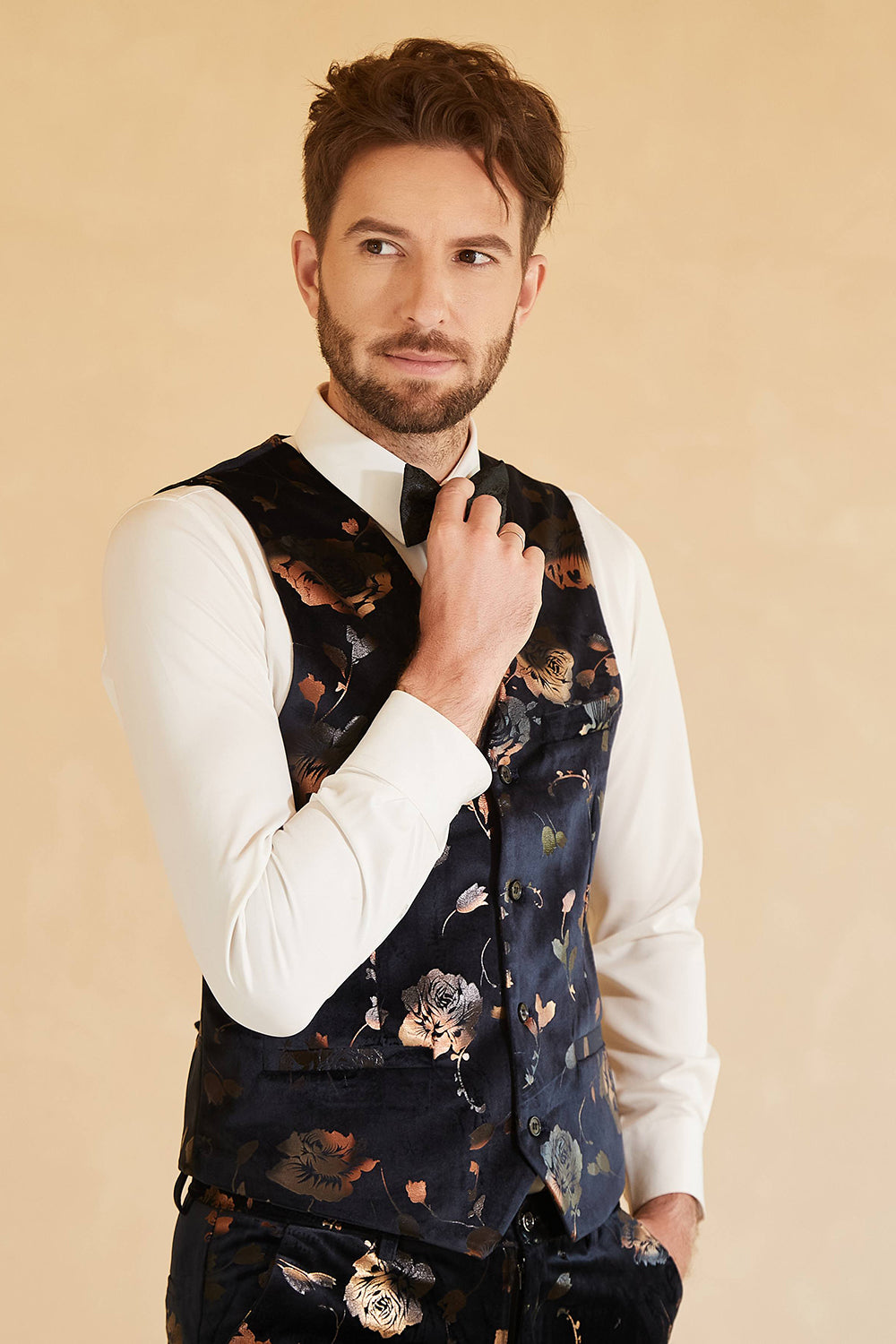 Costume 3 pièces croisé noir pour homme à revers crantés
