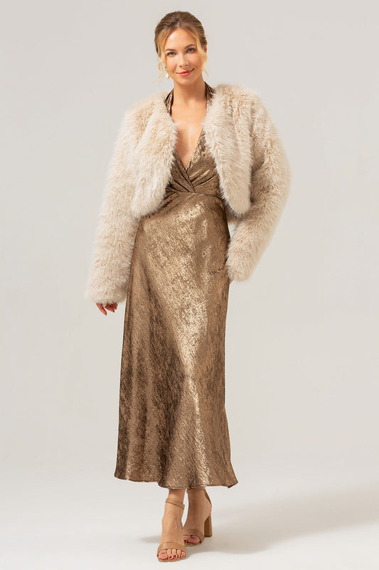 Manteau court ouvert en fausse fourrure d'agneau abricot