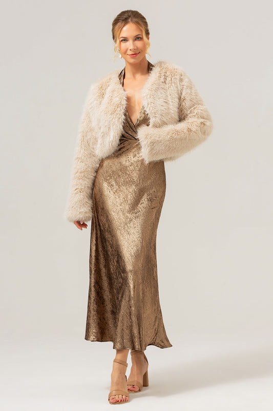 Manteau court ouvert en fausse fourrure d'agneau abricot