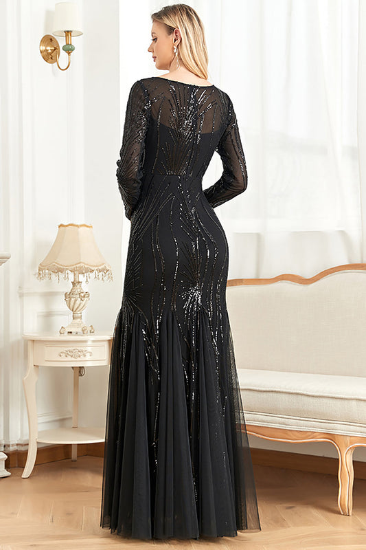 Robe de chorale à col bateau avec des paillettes noires scintillantes et des manches longues