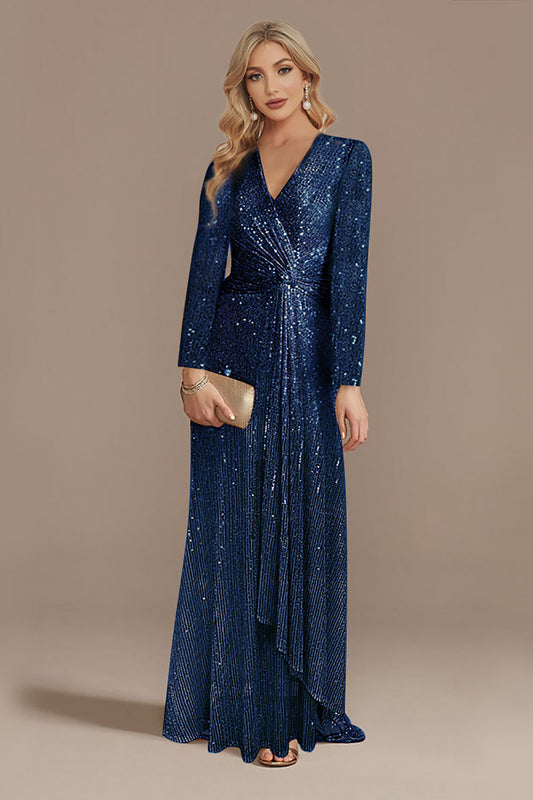 Robe Mère de la mariée marine pailletée à manches longues