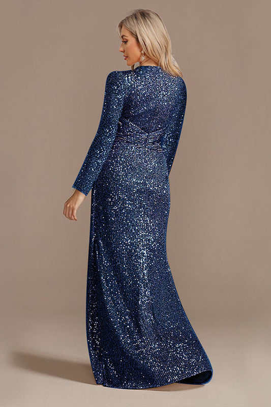Robe Mère de la mariée marine pailletée à manches longues