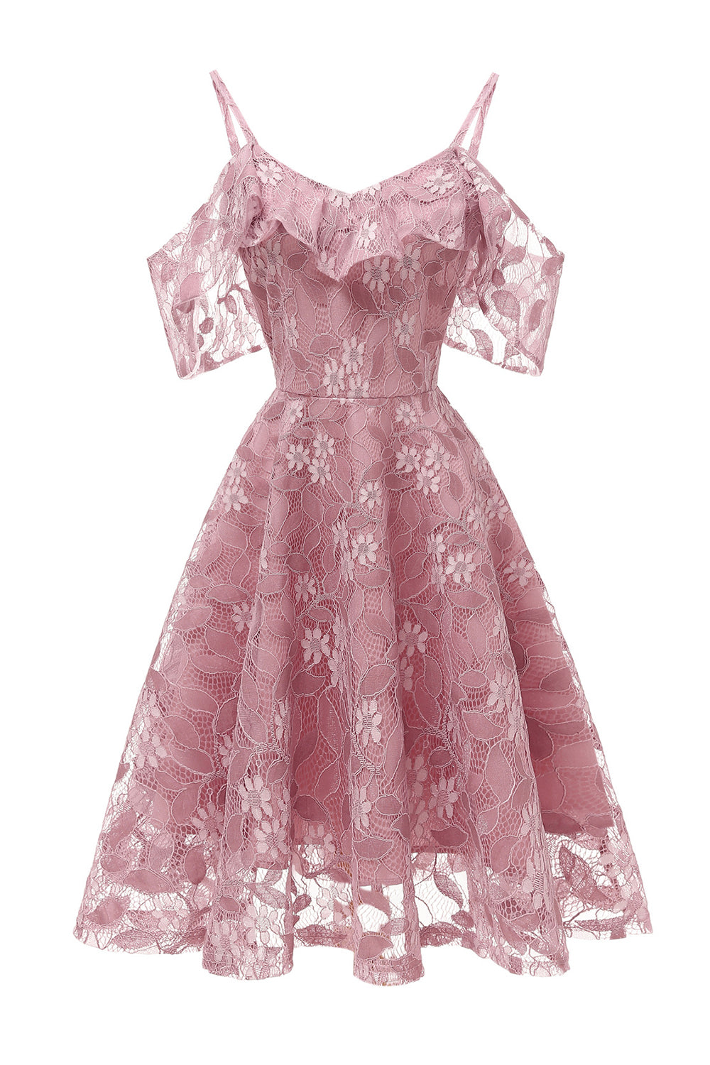 Robe en dentelle blush coupe trapèze à épaules dénudées