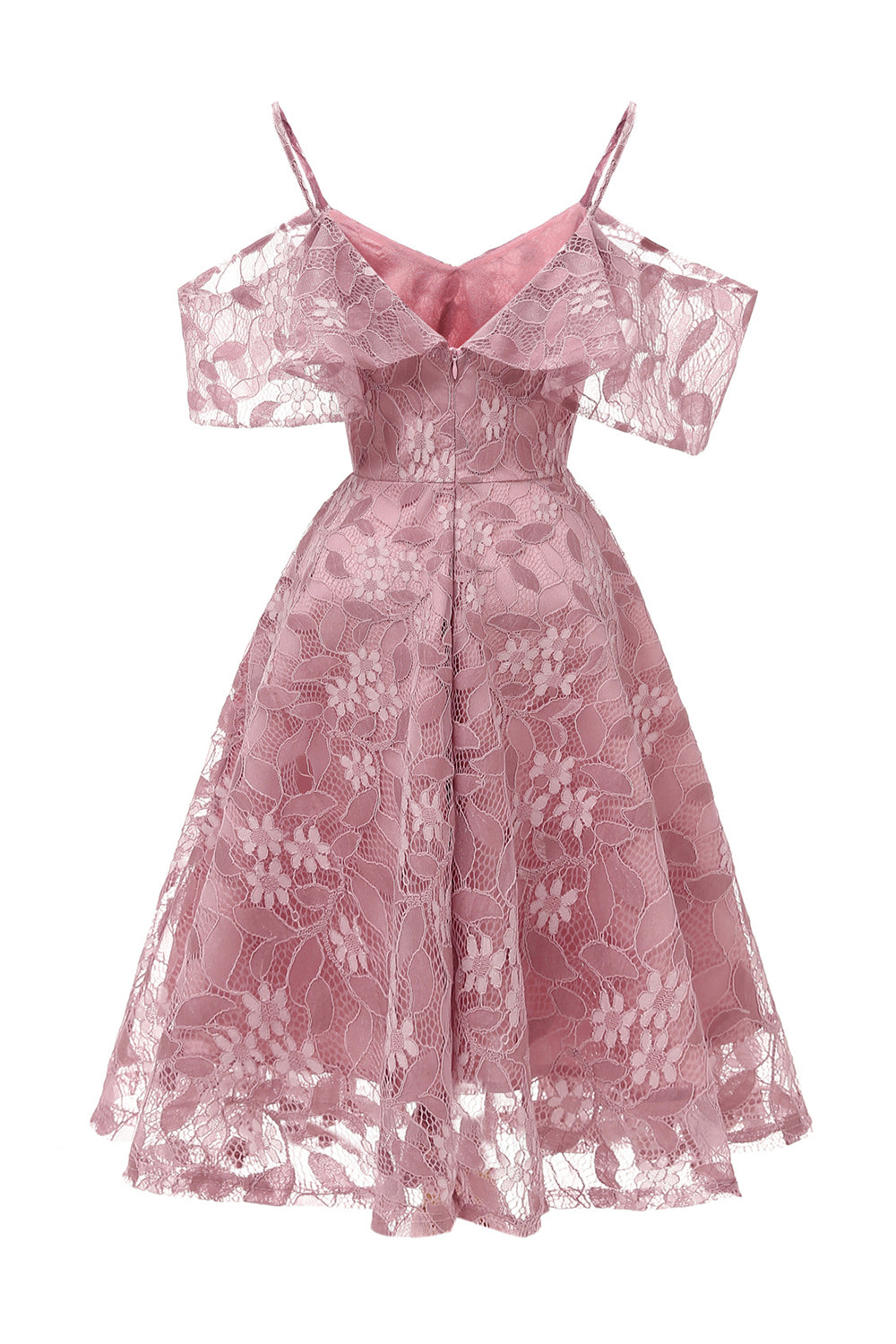 Robe en dentelle blush coupe trapèze à épaules dénudées