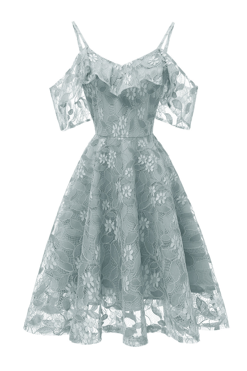 Robe en dentelle blush coupe trapèze à épaules dénudées