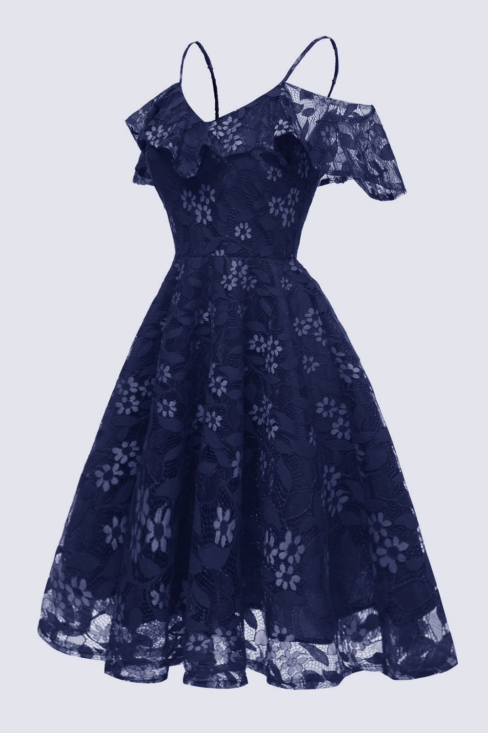 Robe en dentelle blush coupe trapèze à épaules dénudées